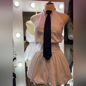 AKIRA White Halter Mini Dress with Black Tie